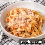ground beef and noodles in white bowl