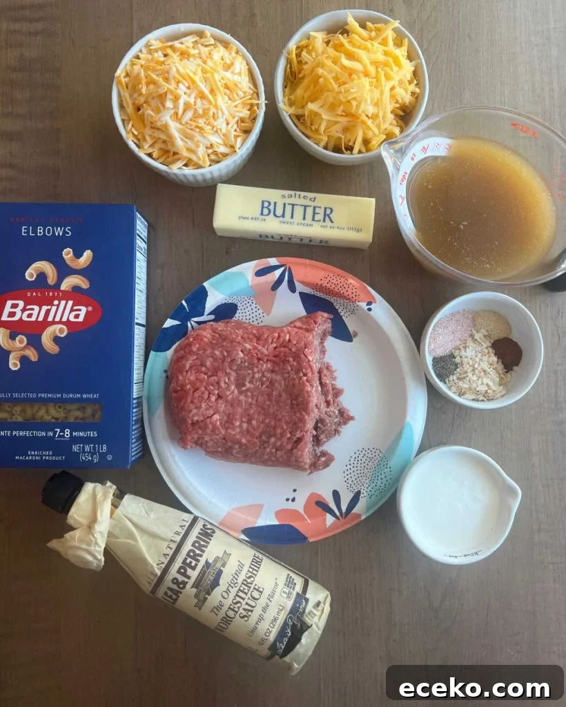 hamburger meat, elbow pasta, cheese, beef broth, butter, cream, worcestershire sauce and spices.