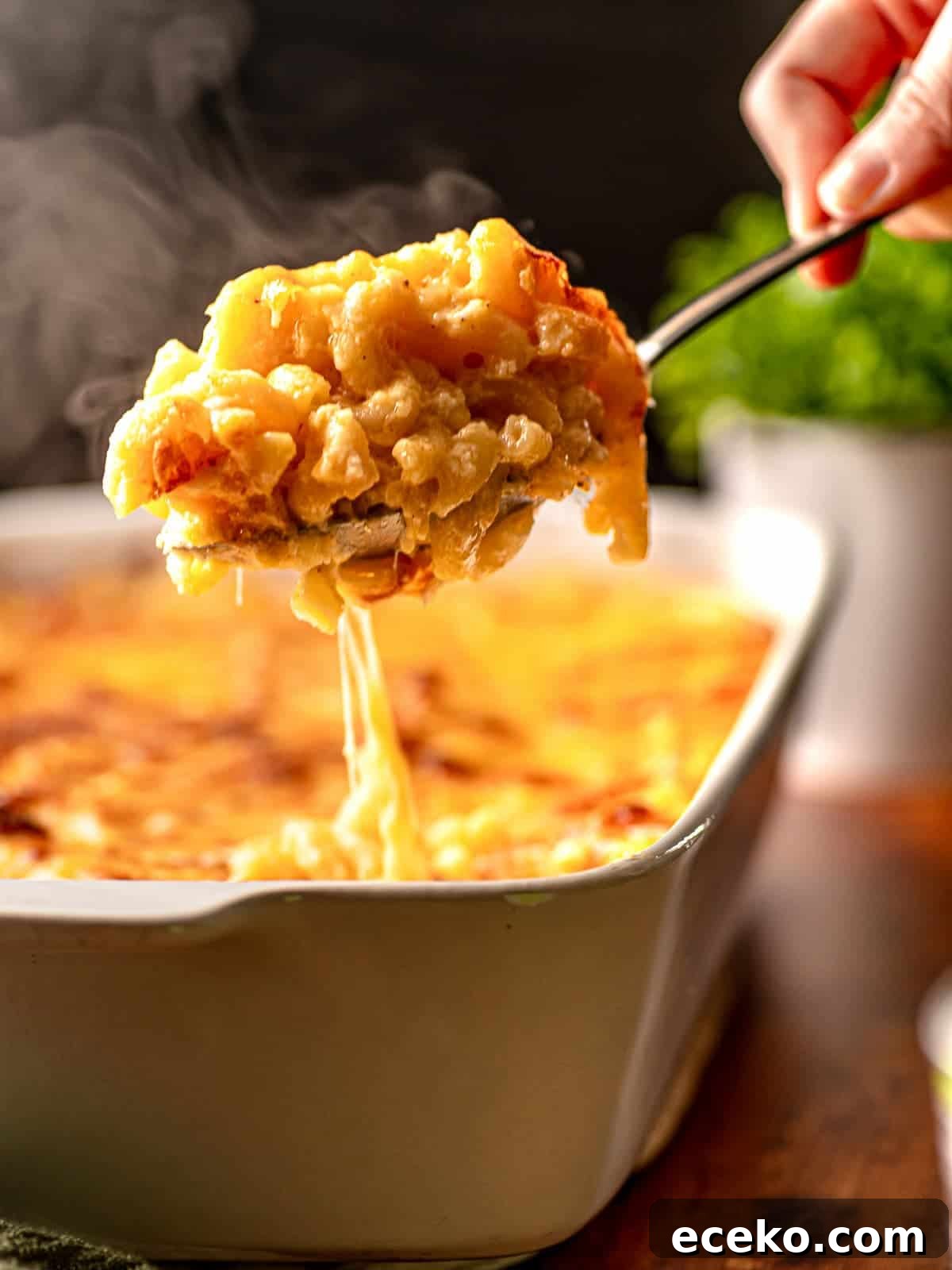 A spoon lifting up steaming macaroni and cheese.