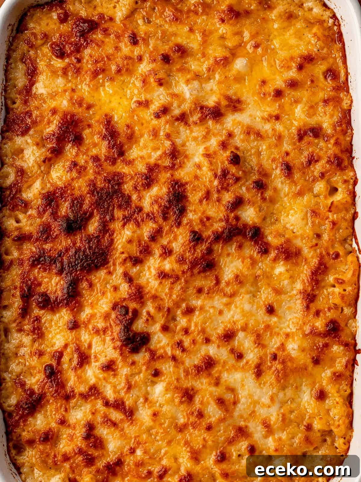A casserole dish of baked mac and cheese.