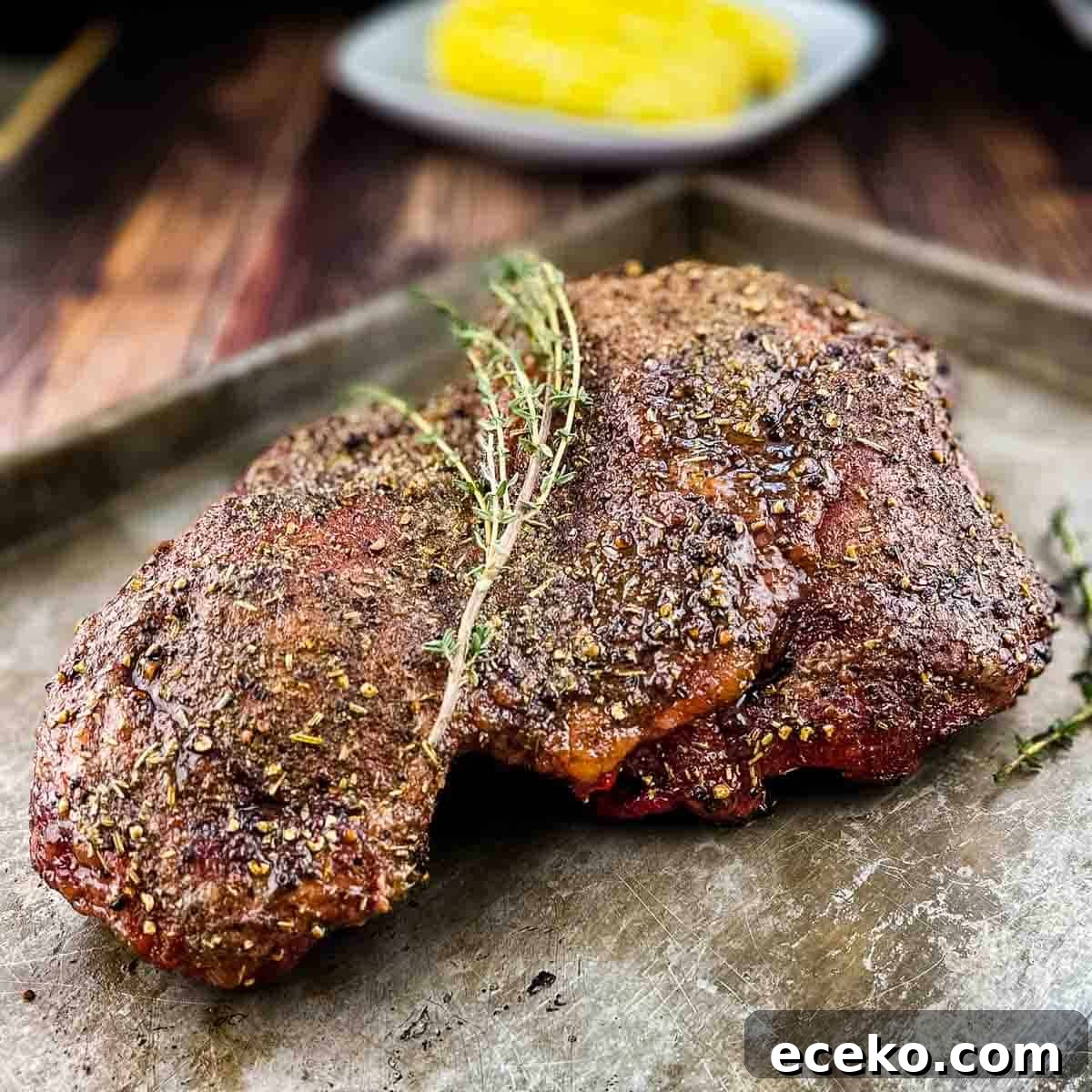Boneless Smoked Leg of Lamb on a Pellet Grill — Tender Recipe 10 The smoked boneless leg of lamb on a baking sheet with a sprig of rosemary on top, and corn on the cob in the background.