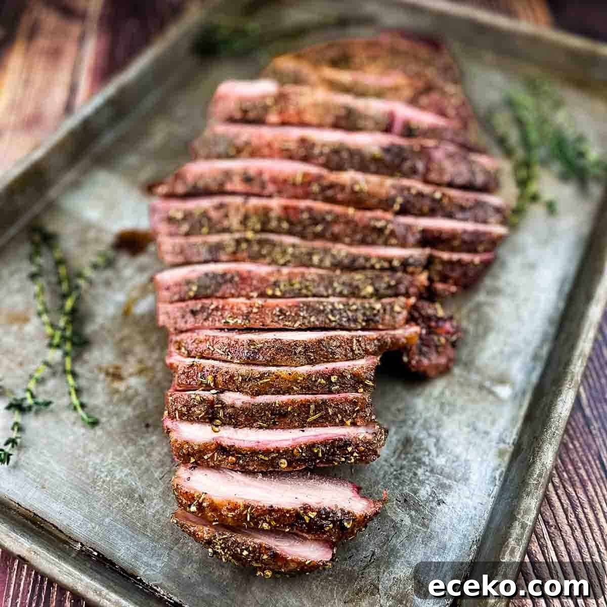 Boneless Smoked Leg of Lamb on a Pellet Grill — Tender Recipe 12 Smoked leg of lamb on a baking sheet, garnished with fresh rosemary, and thinly sliced.