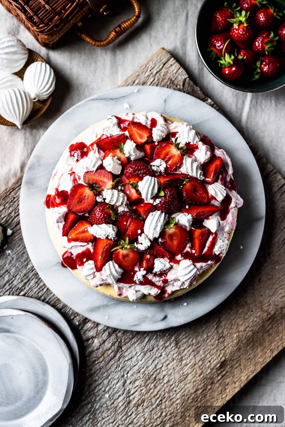 Top view of strawberry topped cheesecake on a marble platter. A rustic wooden board serves as a background. A bowl of fresh strawberries sits nearby.