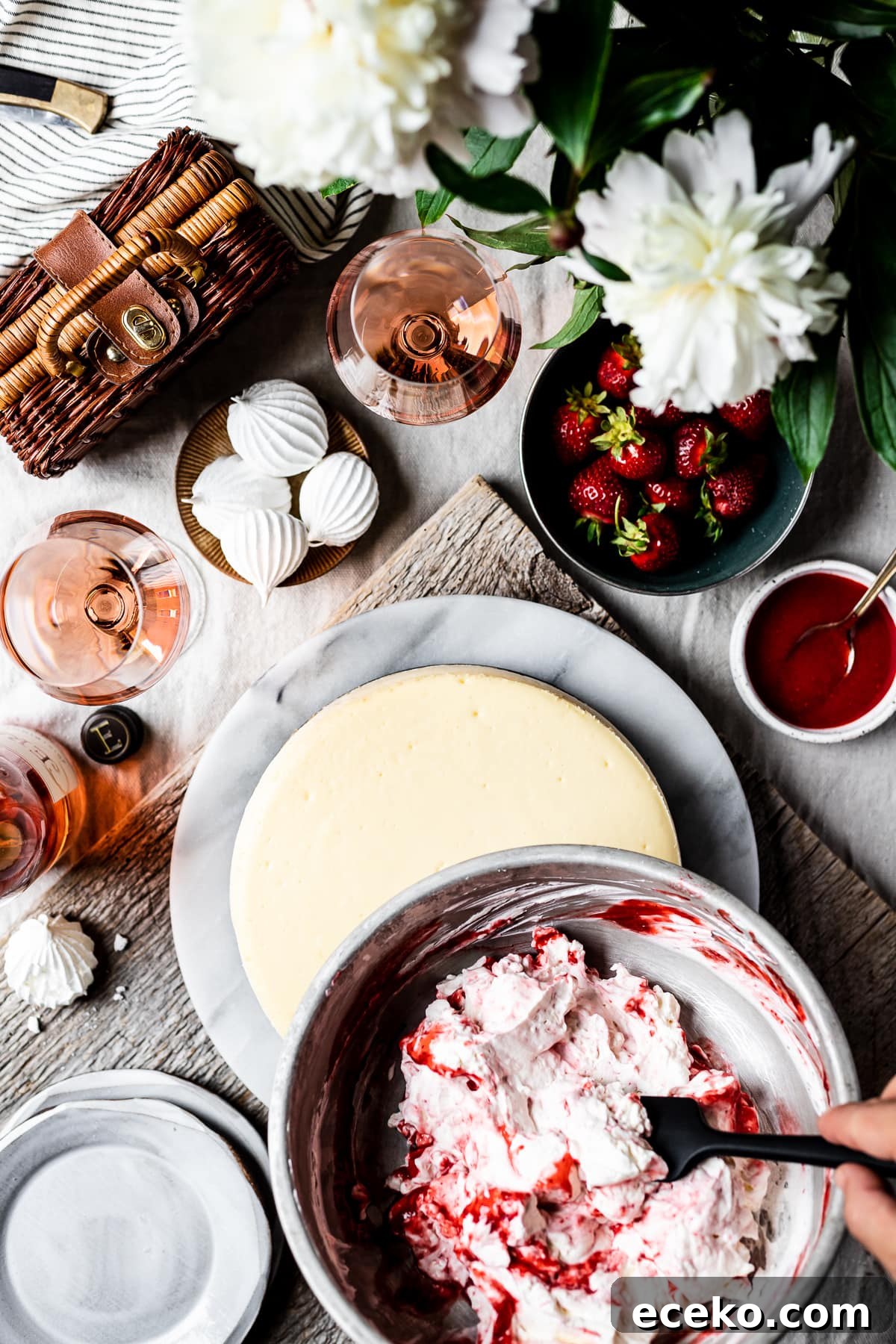 Strawberry and whipped cream topping in a bowl about to be placed over vanilla cheesecake.