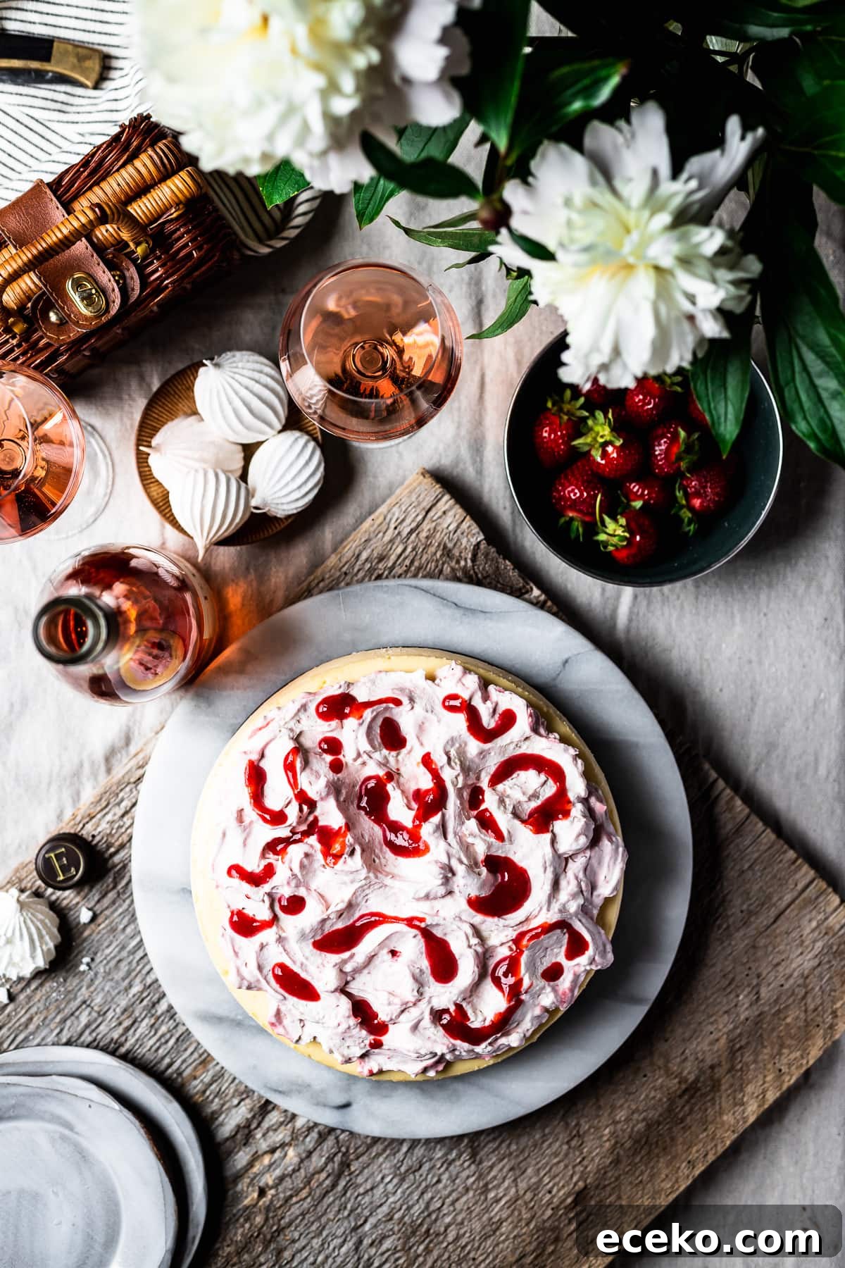 Cheesecake topped with whipped cream and strawberry coulis swirl.