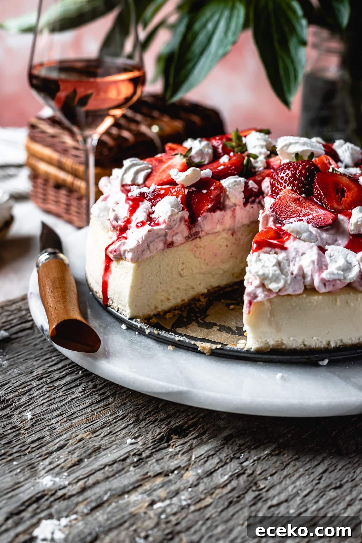 Side view of cheesecake with a slice cut out of it, revealing the creamy interior. The cheesecake is topped with whipped cream, strawberries and meringues.