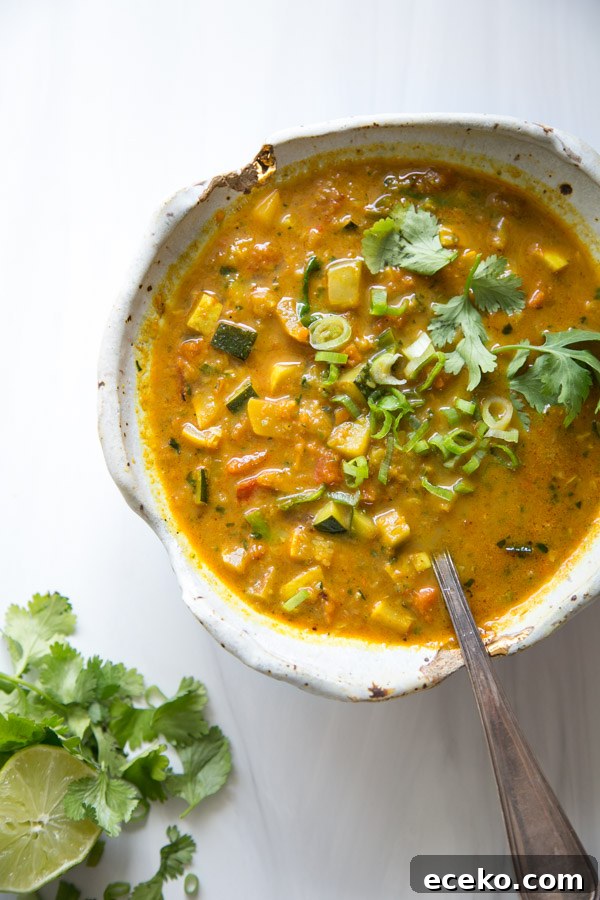 Low FODMAP Detox Soup in a bow with zucchini, summer squash and peppers