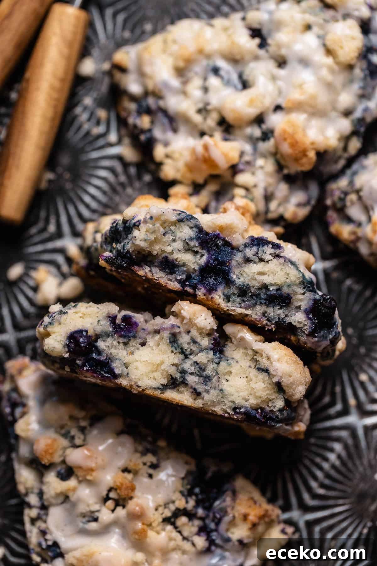 Blueberry scone cut in half to show the super moist texture.