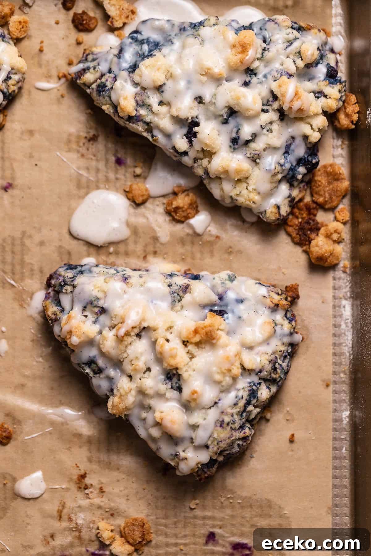 Blueberry scones with vanilla glaze on a baking tray.