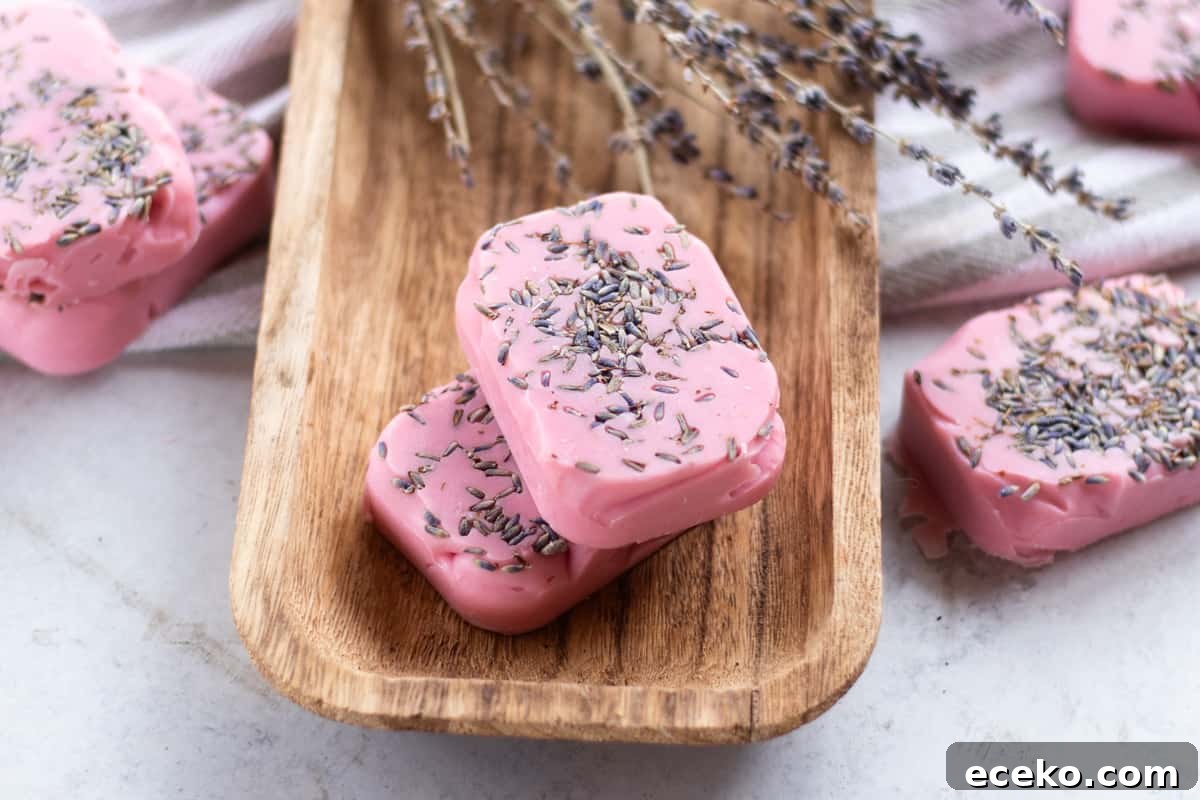 Several bars of pink lavender soap with lavender buds pressed into the bars.