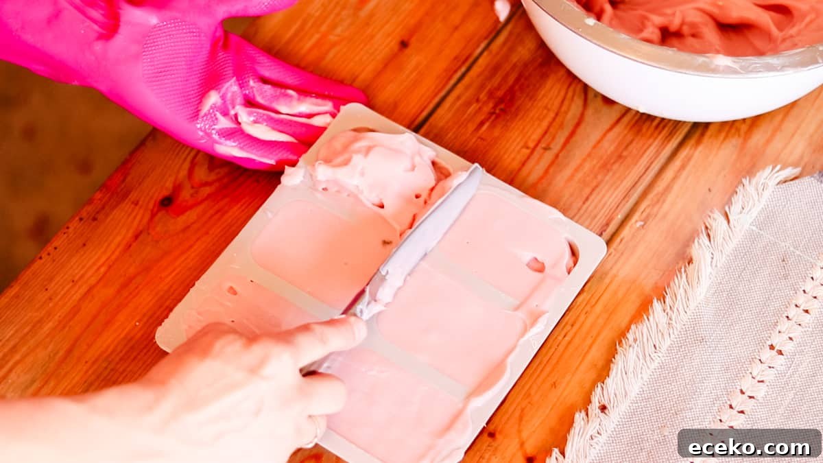 A woman using a metal butter knife to scrape excess soap batter from the top of a silicone soap mold.