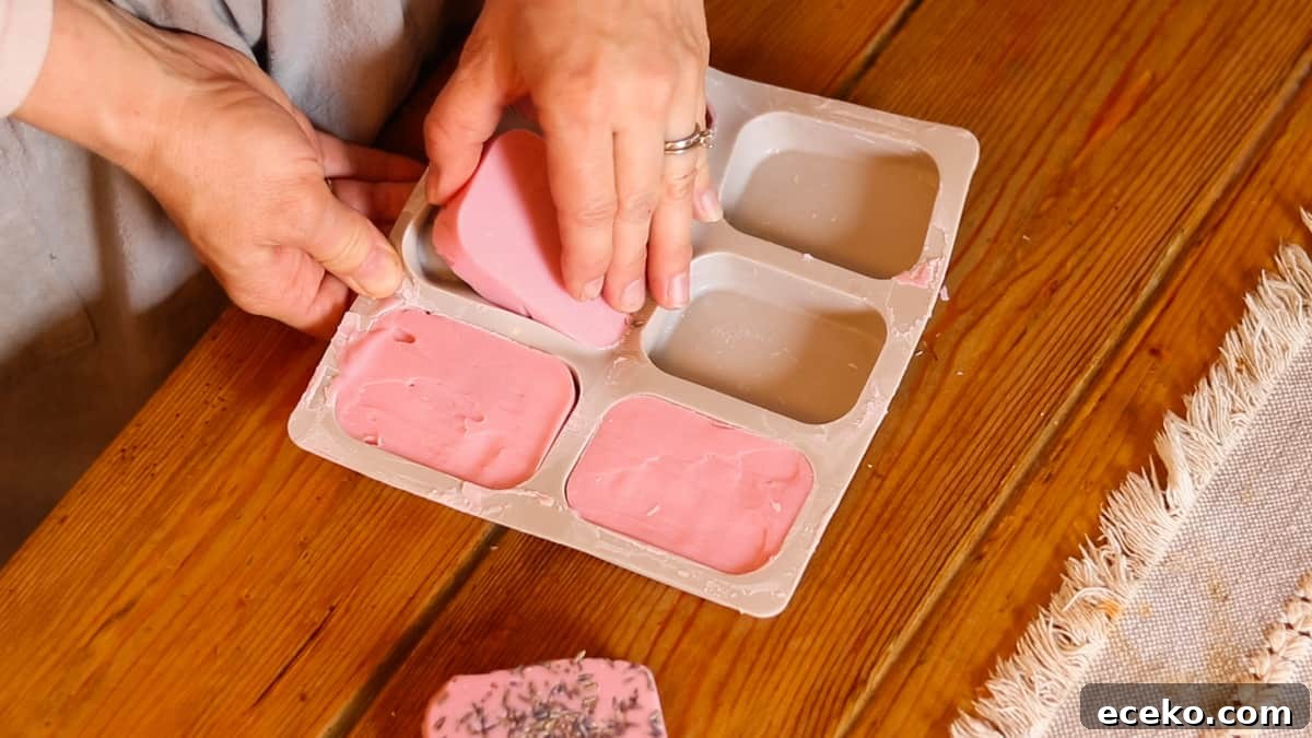 A woman removing pink homemade soap bars from a silicone mold.