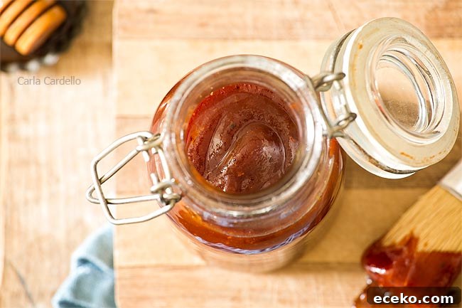 Overhead view of honey bbq sauce in a jar