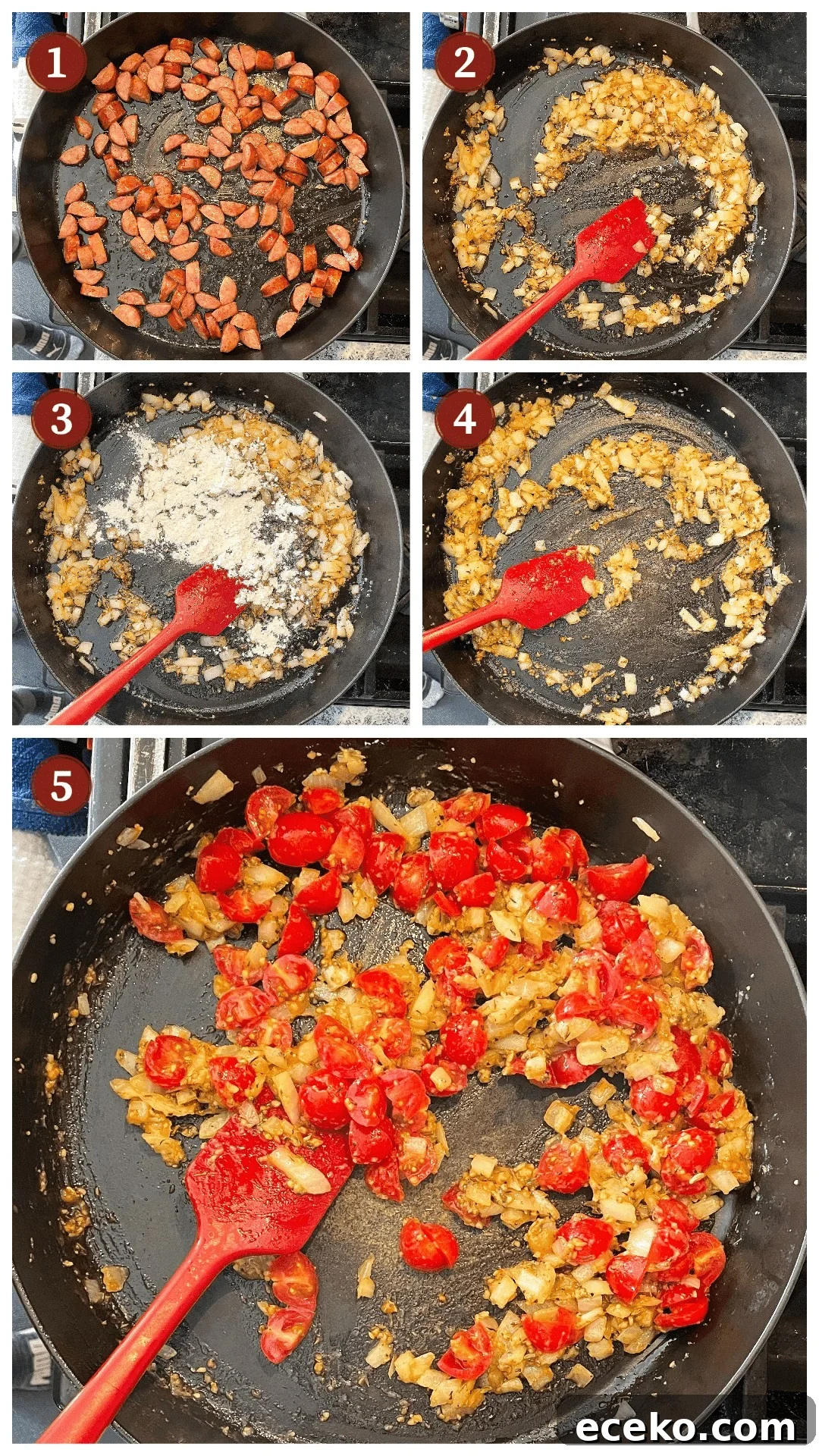 Creole-Style Tomato Shakshuka 4 A collage of images showing how to make creole shakshuka, steps 1 - 5.