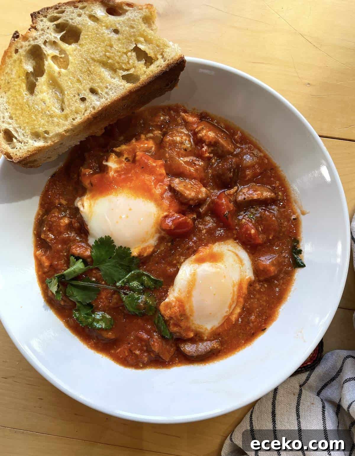 Creole-Style Tomato Shakshuka 5 Two eggs in purgatory in a creole tomato sauce.