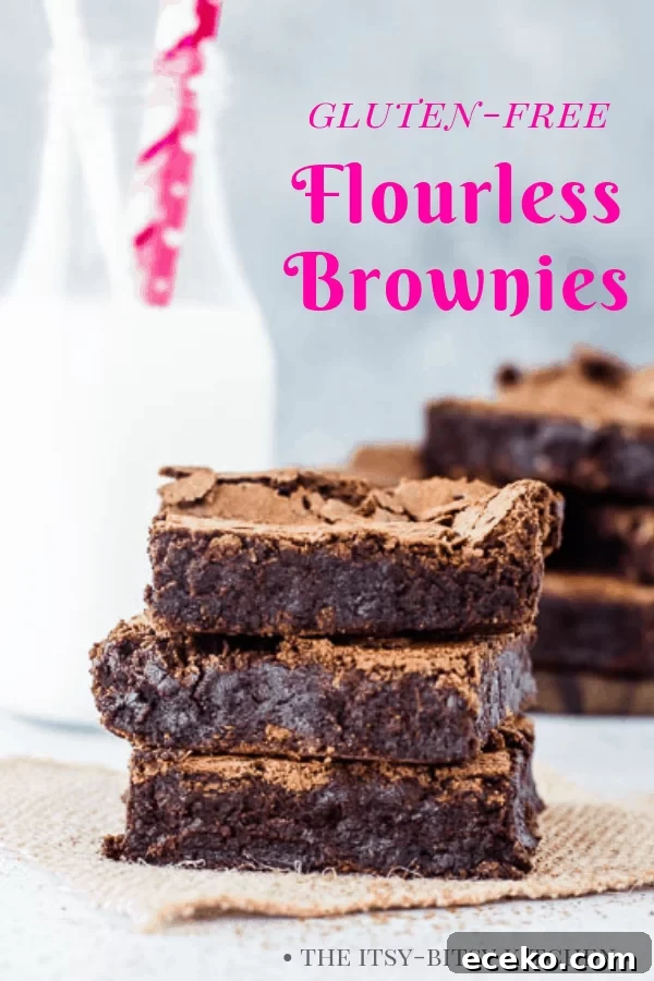 Fudgy Flourless Chocolate Brownies — Moist & Decadent Recipe 3 Pinterest image for flourless brownies with text overlay