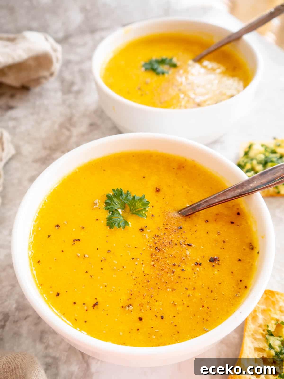 High protein butternut squash soup in two bowls.