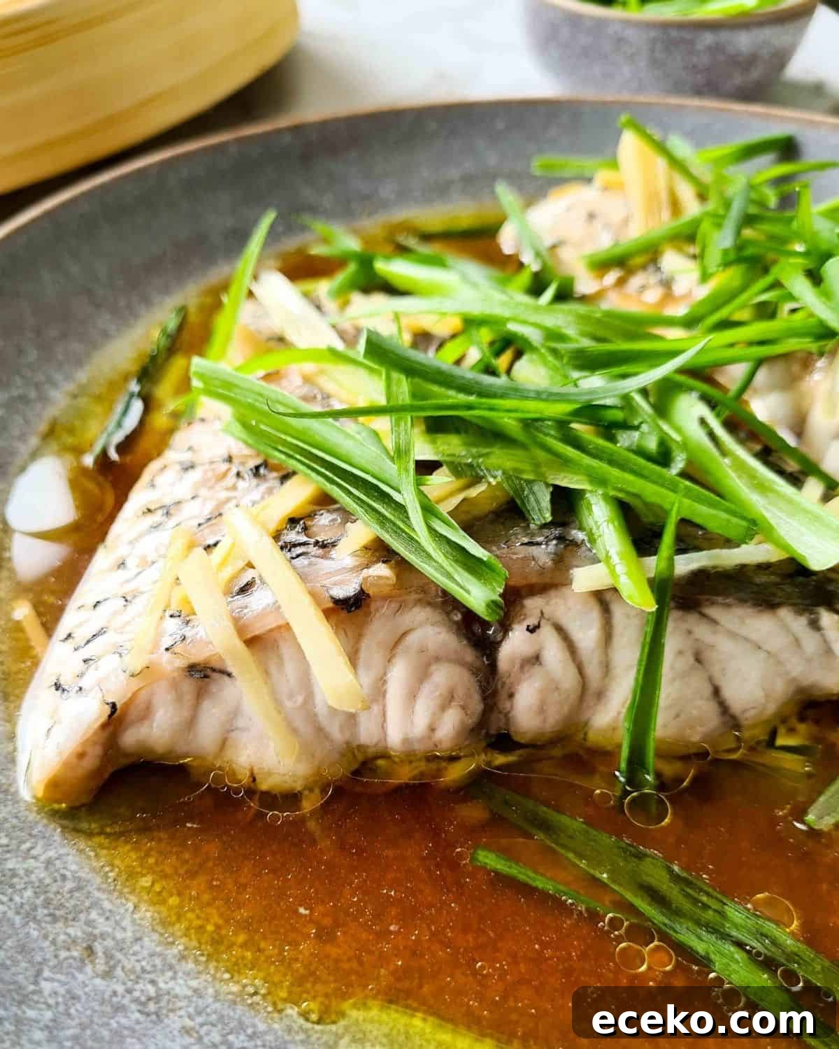 Close up, side view of freshly steamed barramundi fish fillets