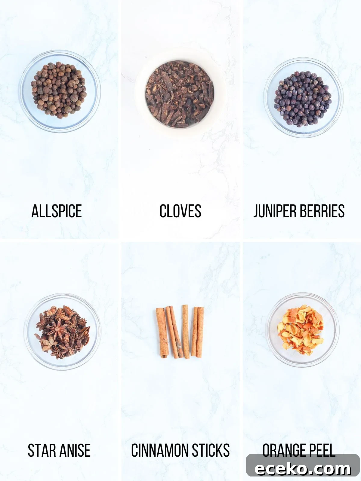 Collage of ingredients needed to make mulling spices.