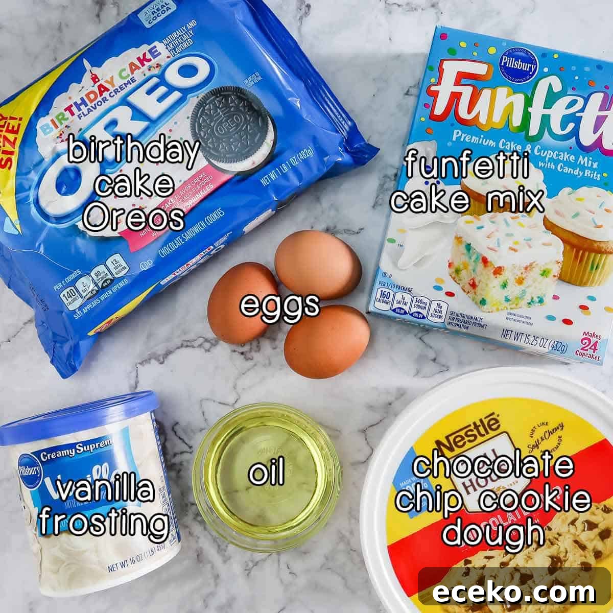 Funfetti Oreo Cupcakes: Simple, Colorful Party Treat 3 Overhead shot of ingredients- birthday cake Oreos, Funfetti cake mix, eggs, vanilla frosting, oil, and chocolate chip cookie dough.