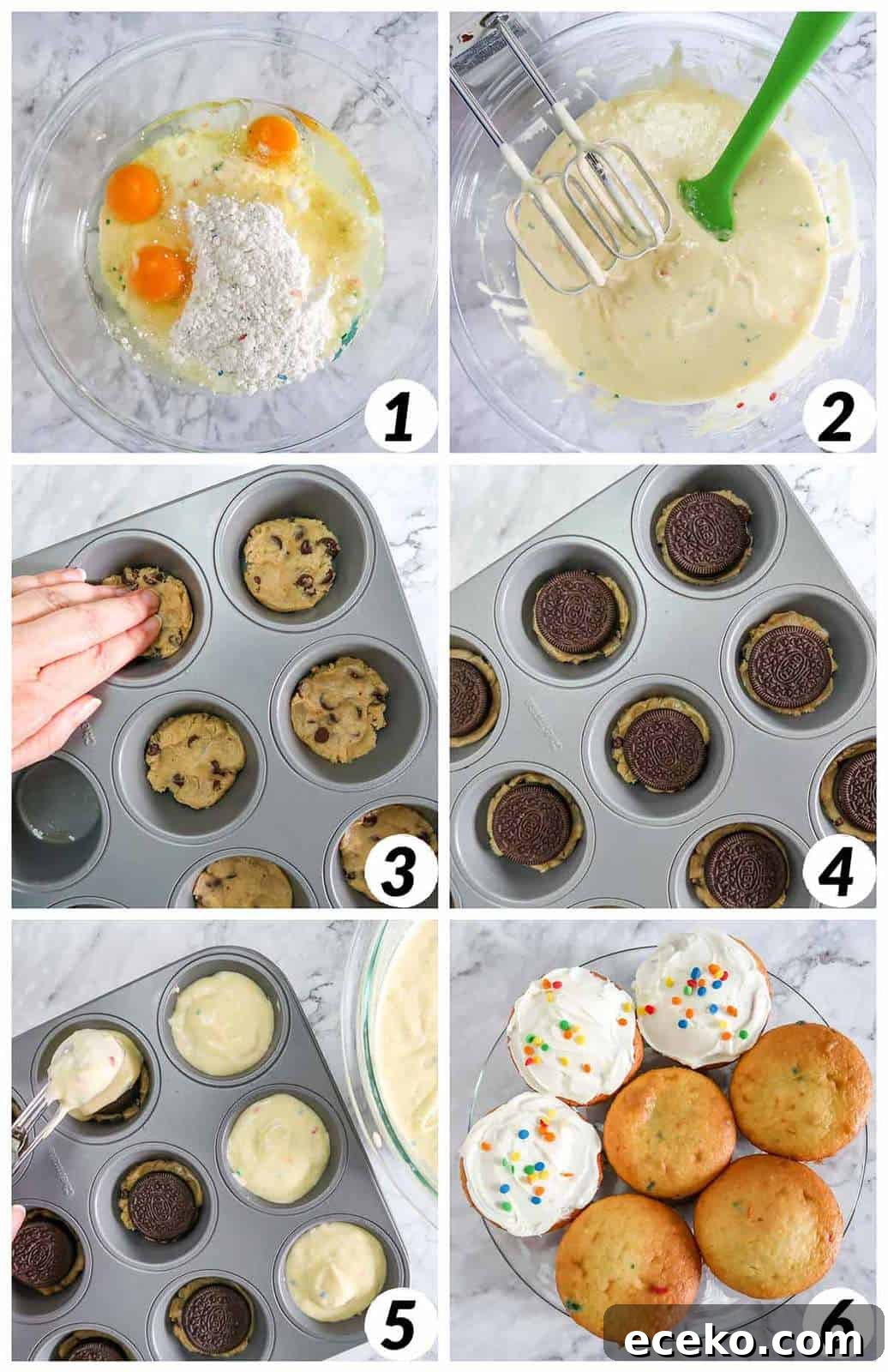 Funfetti Oreo Cupcakes: Simple, Colorful Party Treat 4 Six panel grid of process shots- mixing ingredients of cupcake mix, layering ingredients in cupcake sheet, baking, and frosting.