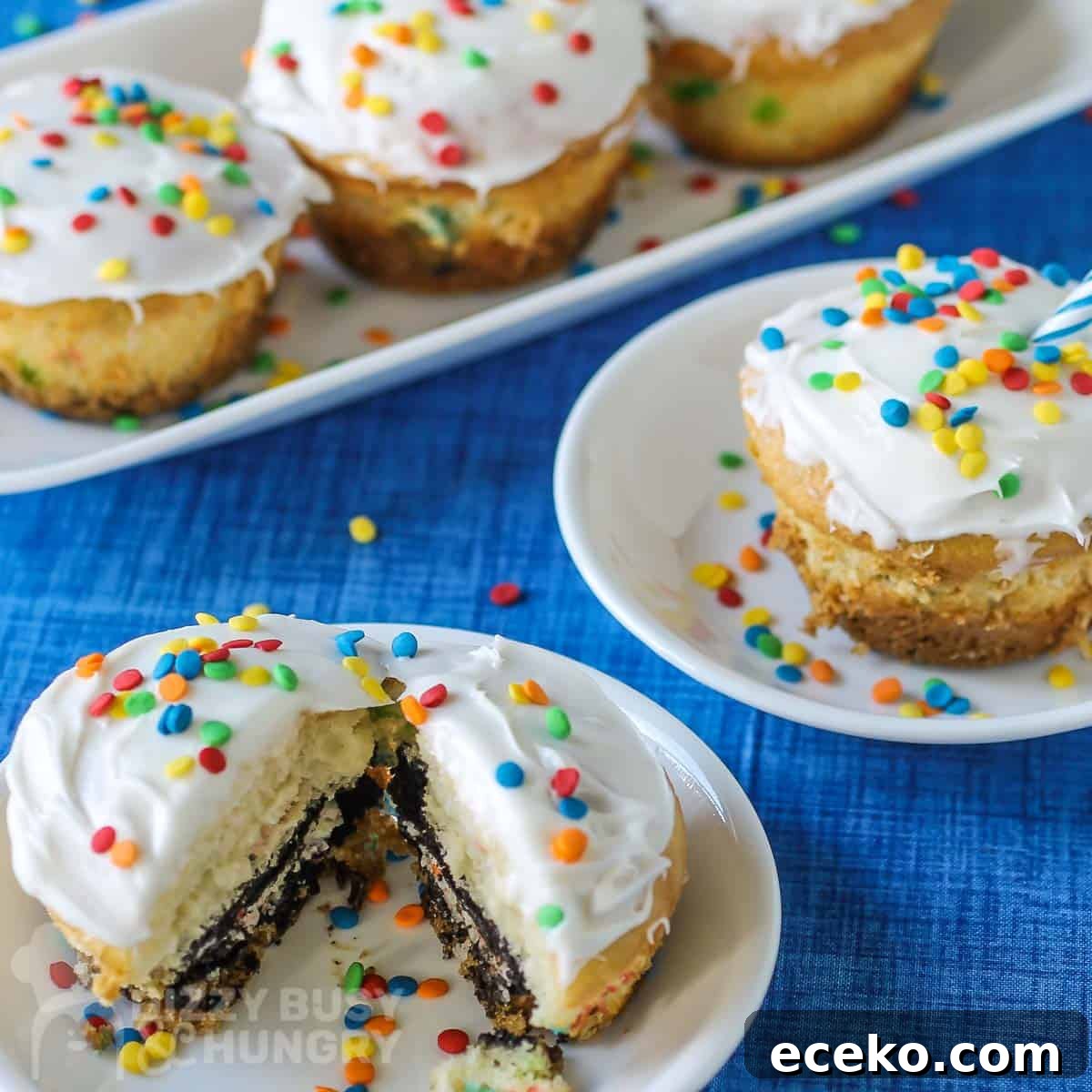 Funfetti Oreo Cupcakes: Simple, Colorful Party Treat 5 Side shot of two small plates with two cupcakes split in half on them with more cupcakes in the background all on a blue tablecloth.