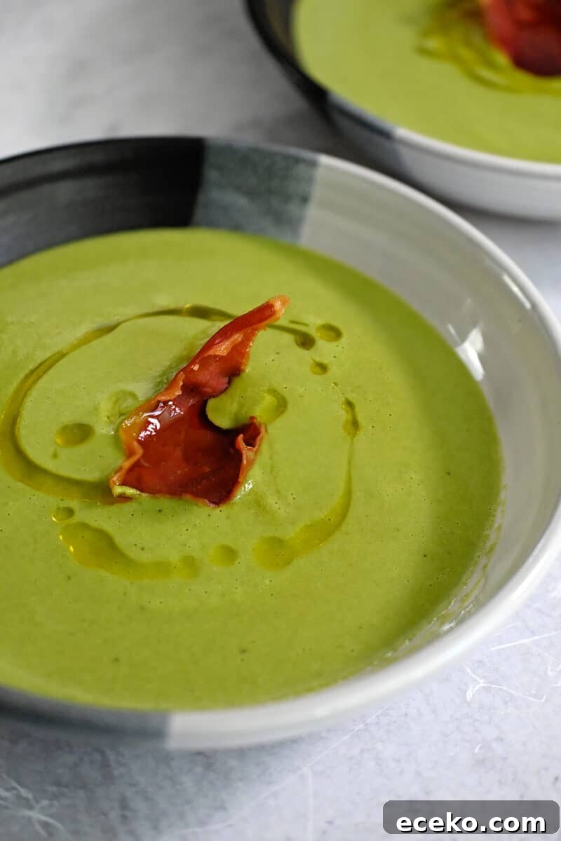 A closeup shot of pea soup with crispy prosciutto on top 