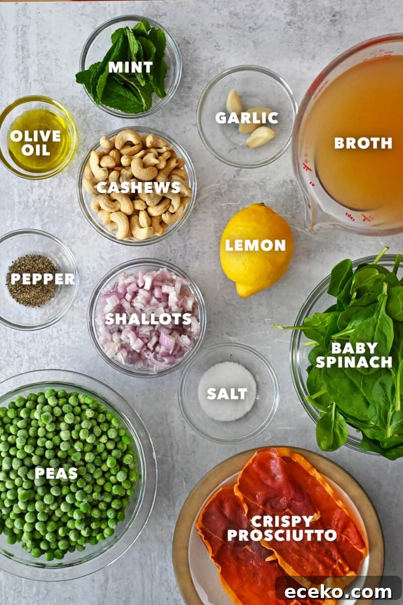 An overhead shot of the raw ingredients for green pea soup with crispy prosciutto 