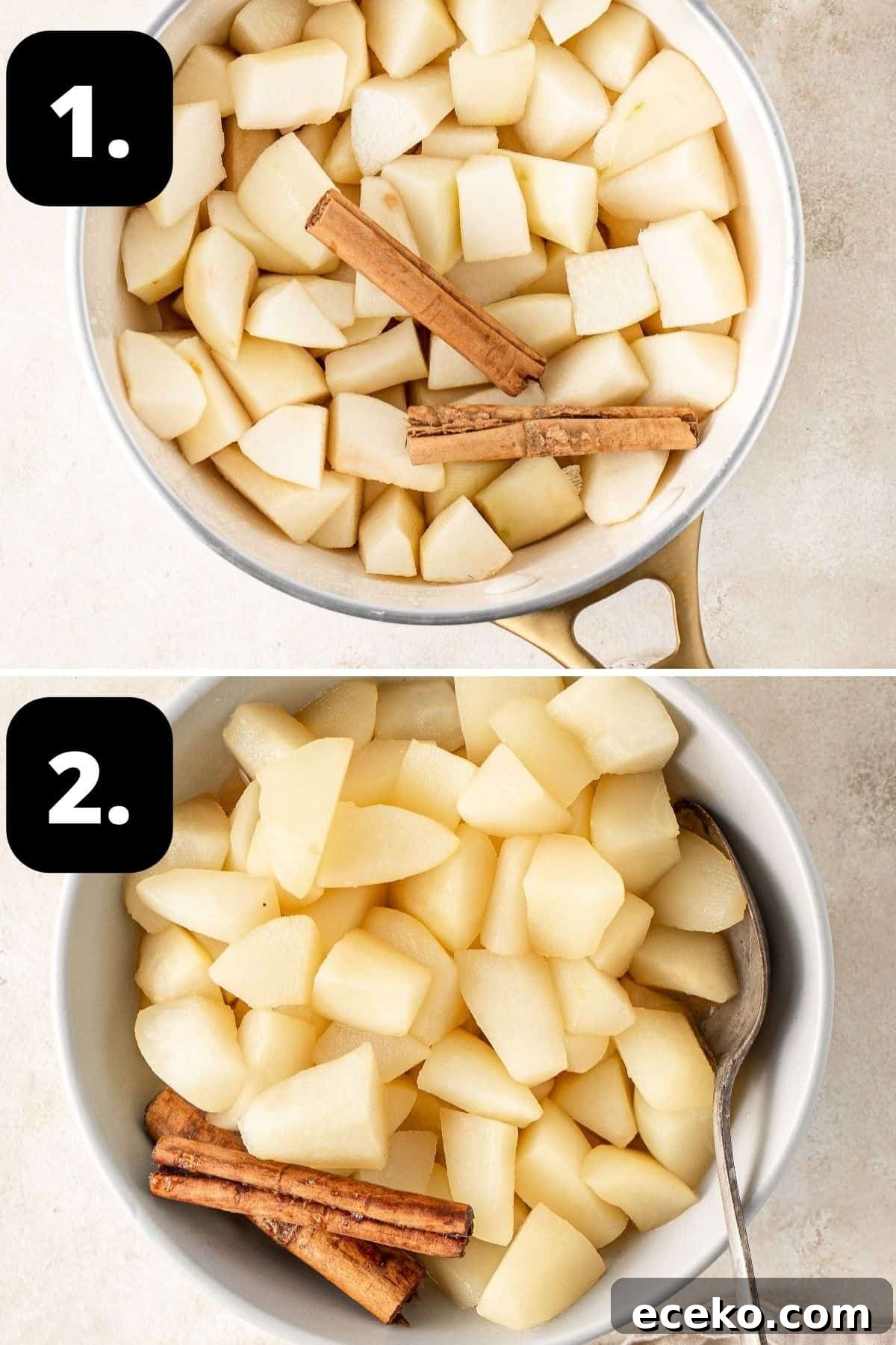 Steps 1-2 of preparing this recipe - the pears and other ingredients in a saucepan and the stewed pears in a bowl.