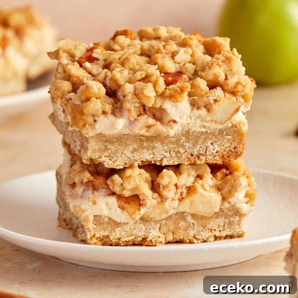 Stack of two Apple Oatmeal Bars on a small round white plate.