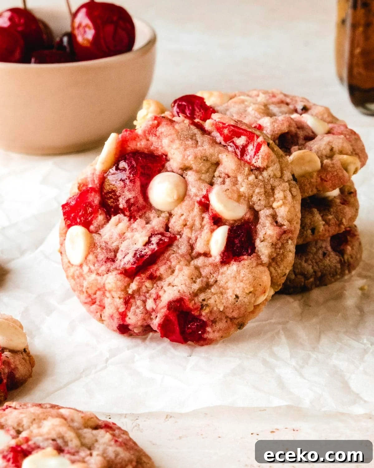 Chewy Cherry Almond Cookies with White Chocolate Chunks 2 Cherry almond cookies with white chocolate chips.