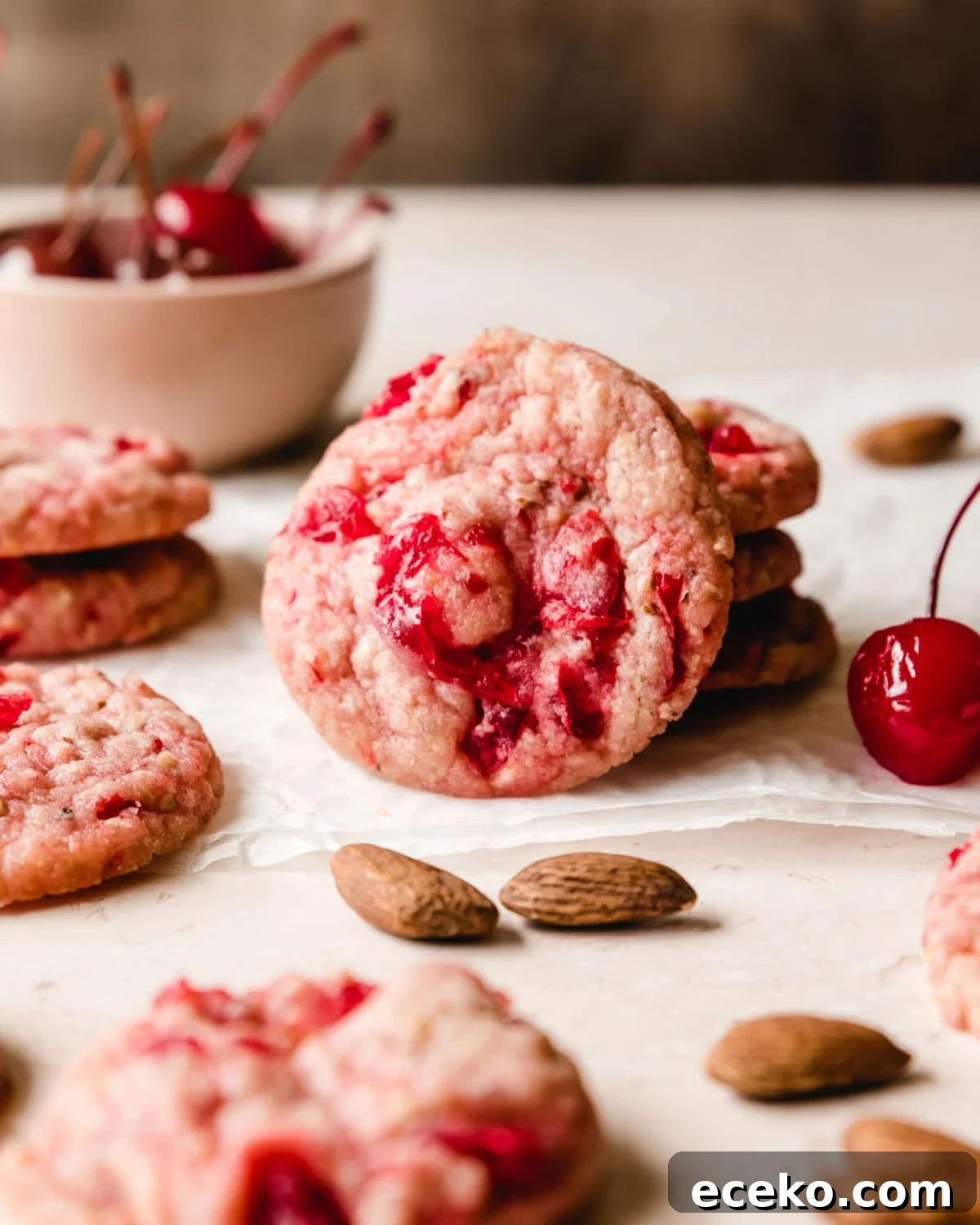 Chewy Cherry Almond Cookies with White Chocolate Chunks 8 Cherry almond cookies are perfect for holiday cookie exchanges.