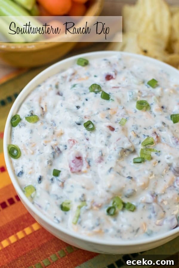 Southwestern Ranch Dip in a white bowl with text overlay.