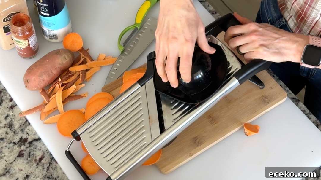 Crispy Air Fryer Sweet Potato Chips Recipe 3 Using a mandolin to thinly slice the sweet potato.