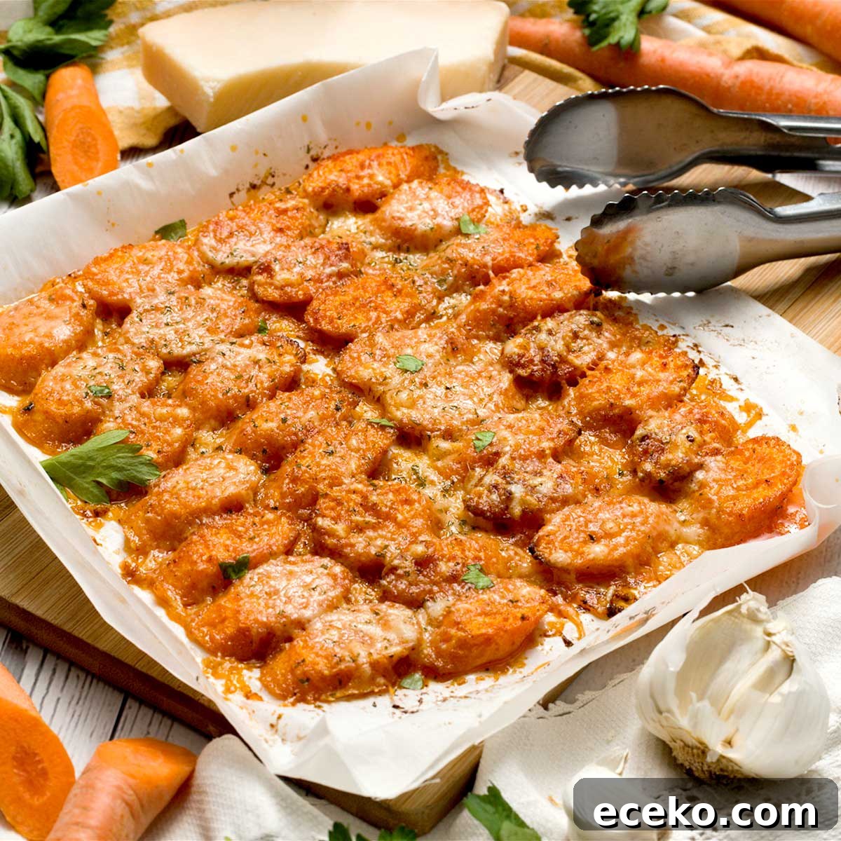 Crispy Air Fryer Sweet Potato Chips Recipe 9 Garlic Parmesan carrots on an air fryer tray.