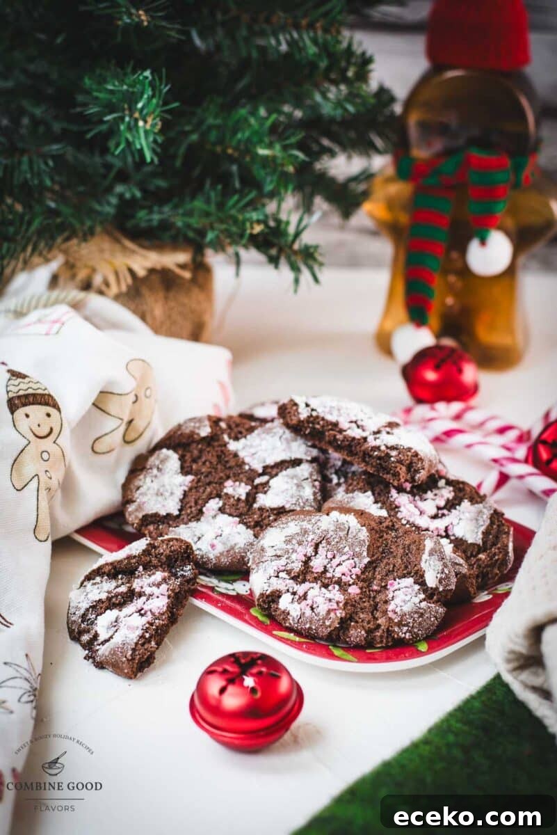 Chocolate Peppermint Crinkle Cookies Recipe for the Holidays 2 Gorgeous chocolate peppermint crinkle cookies placed on christmassy plate.