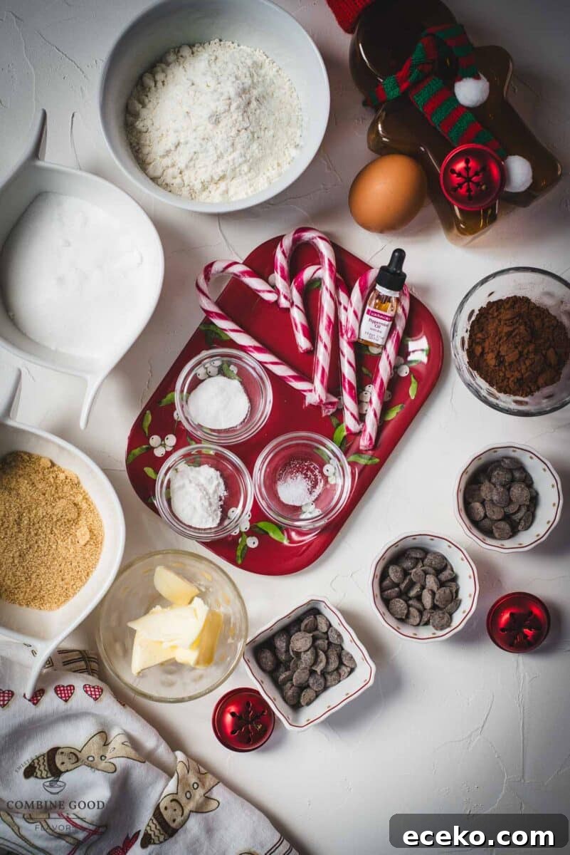 Chocolate Peppermint Crinkle Cookies Recipe for the Holidays 3 Ingredients peppermint crinkle cookies dough - flour, sugar, brown sugar, butter, peppermint oil, salt, dark chocolate, cocoa, baking soda, baking powder, egg.