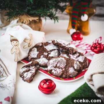Chocolate Peppermint Crinkle Cookies Recipe for the Holidays 22 Gorgeous chocolate peppermint crinkle cookies placed on christmassy plate.