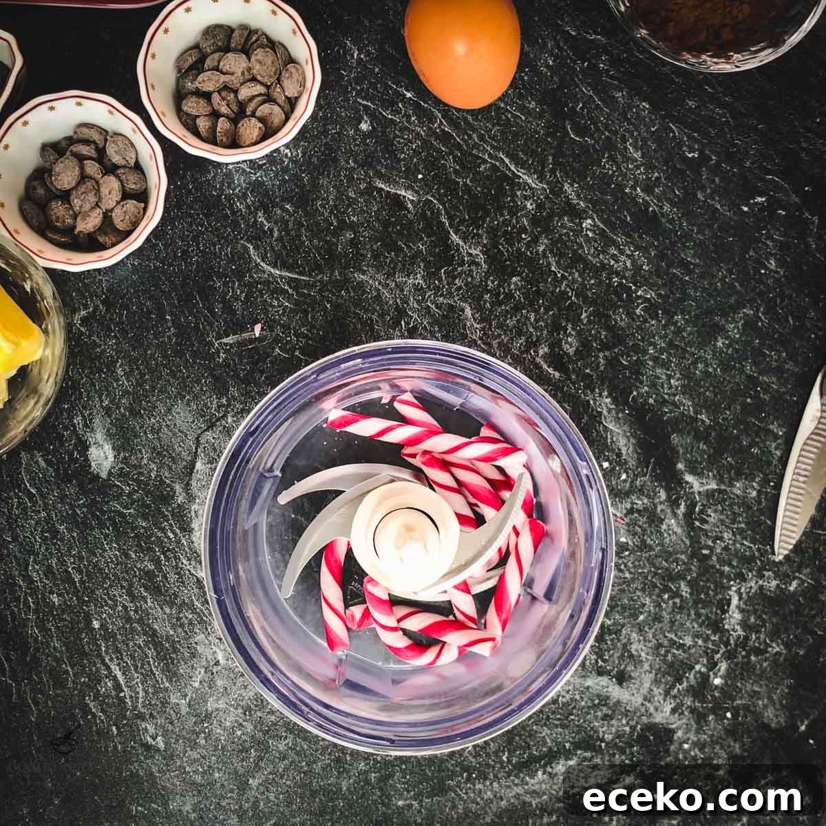Chocolate Peppermint Crinkle Cookies Recipe for the Holidays 5 Broken candy canes in the electric chopper.