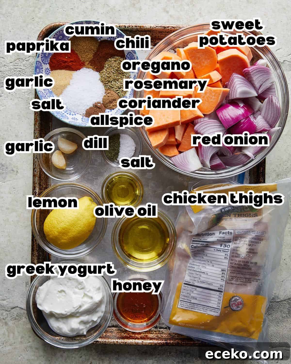 Overhead image of ingredients needed to make sheet pan chicken and sweet potatoes.