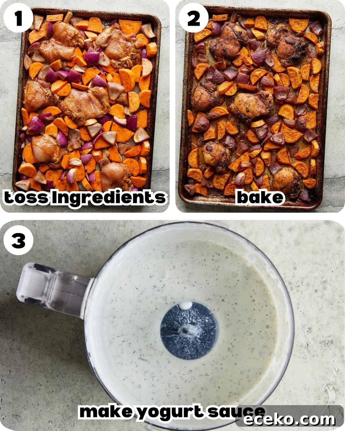 A three photo collage showing the steps for sheet pan chicken and sweet potatoes.