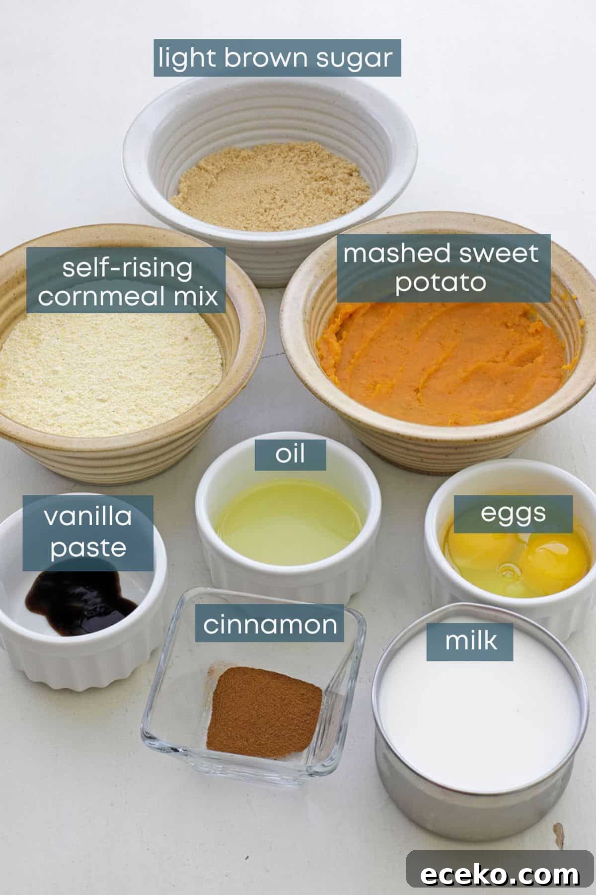 photo collage of recipe ingredients measured out in individual containers on countertop.