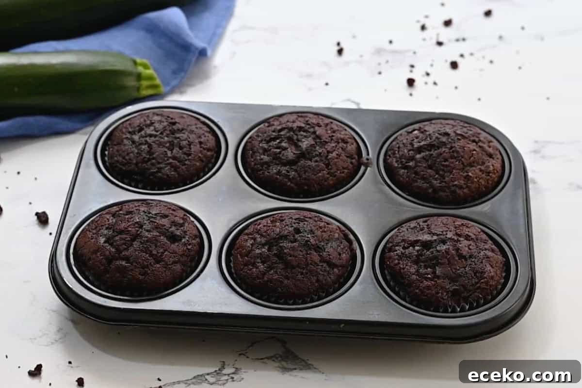 baked chocolate zucchini cupcakes in a cupcake tin.