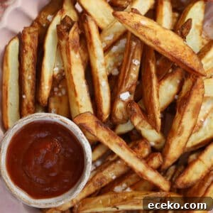 A pink bowl filled with air fryer chips and a small dish of tomato ketchup.