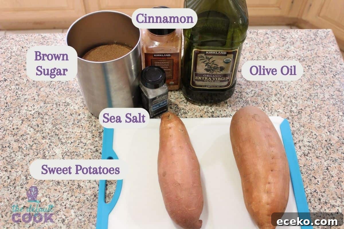 Labeled ingredients for roasted sweet potato slices on kitchen counter.