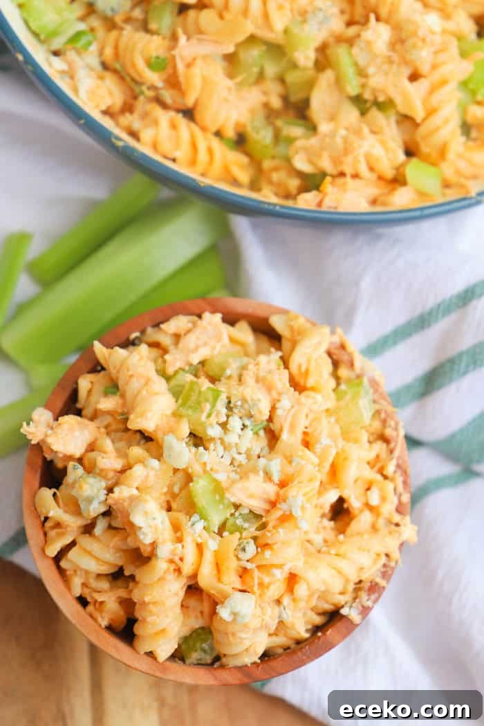 Top view of Buffalo Chicken Pasta Salad in bowl