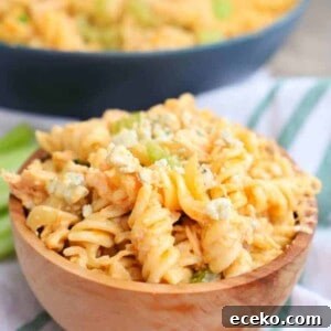 Buffalo Chicken Pasta Salad in a wooden bowl