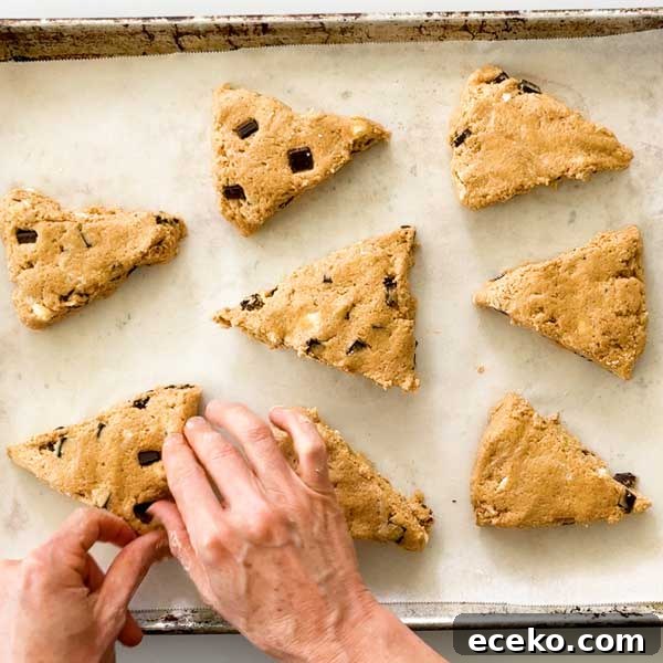 Pumpkin Cottage Cheese Scones with Chocolate Chunks 14 Placing the scone wedges on a cookie sheet lined with parchment paper.