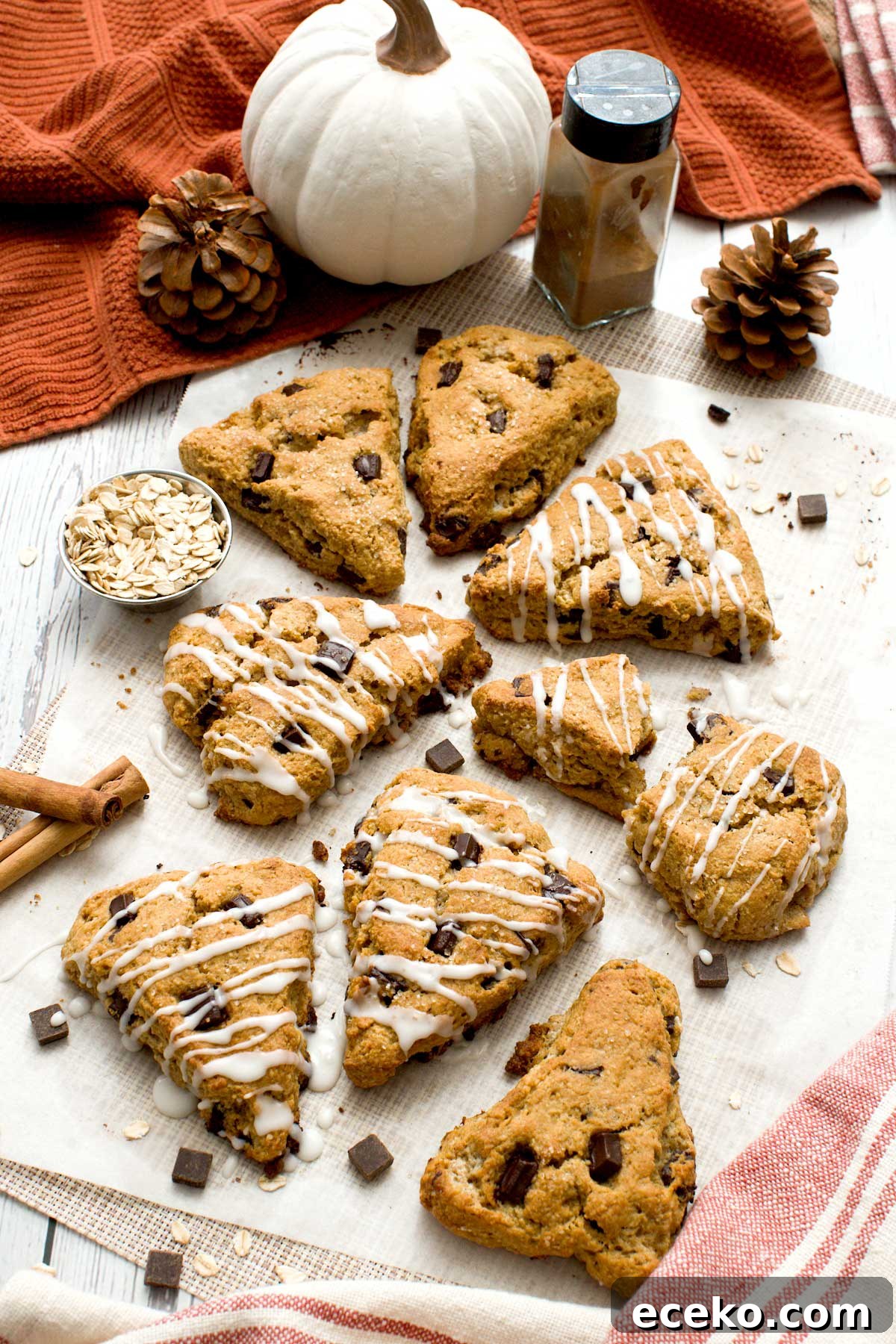 Pumpkin Cottage Cheese Scones with Chocolate Chunks 16 Pumpkin cottage cheese scones with chocolate chunks and glaze on top.