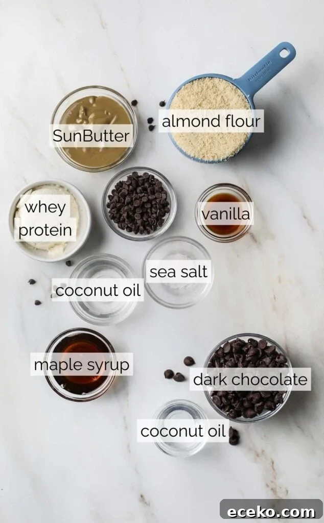 The ingredients needed to make cookie dough bark with protein powder.